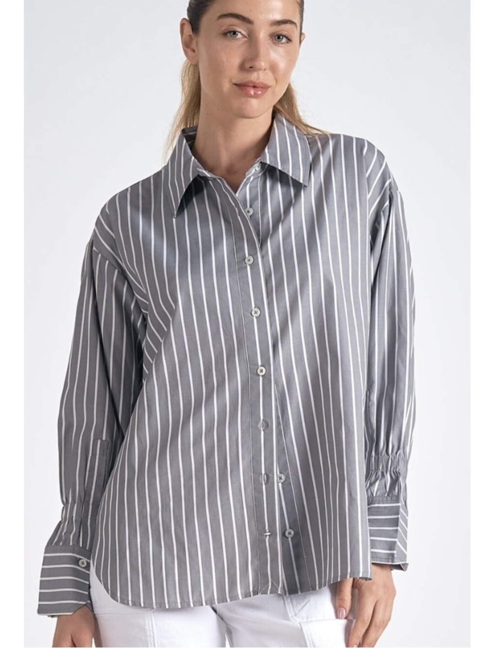 Elan grey & white stripe blouse